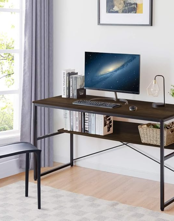 QARA Wood Laminated Study Table Computer Desk for Home & Office (Pearl White) - QARA Wood & Metal Finish Laminated Study Table Computer Desk with Storage Shelf (Elegant Teak)