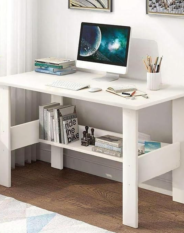 Lukzer Engineered Wood Computer Desk with One Tier Shelves for Study & Office (White)