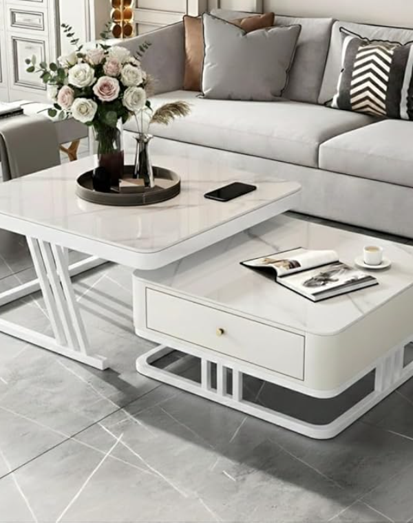 Funmel Modern Coffee Table Set of 2 with Storage Drawer, Marble Top Nesting Center Table for Living Room (White & White)