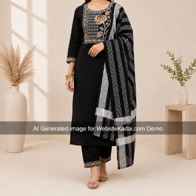 Women's Black and White  Cotton Embroidery Work Chudidar with Pant and Dupatta Set